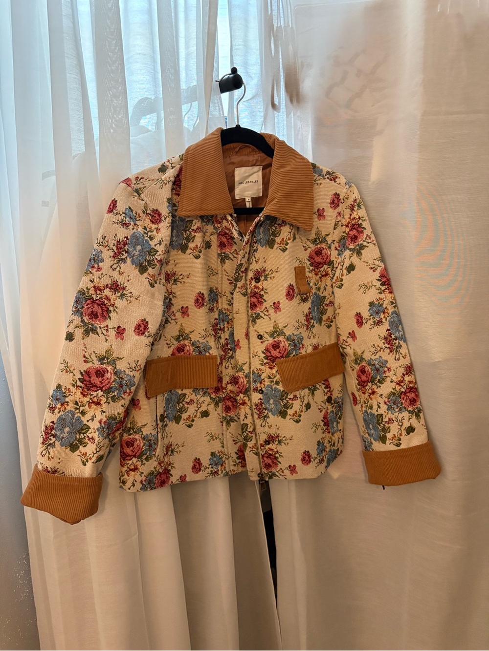 Avec Les Filles Floral Quilted Bomber Jacket in Beige with Rose & Blue Blooms